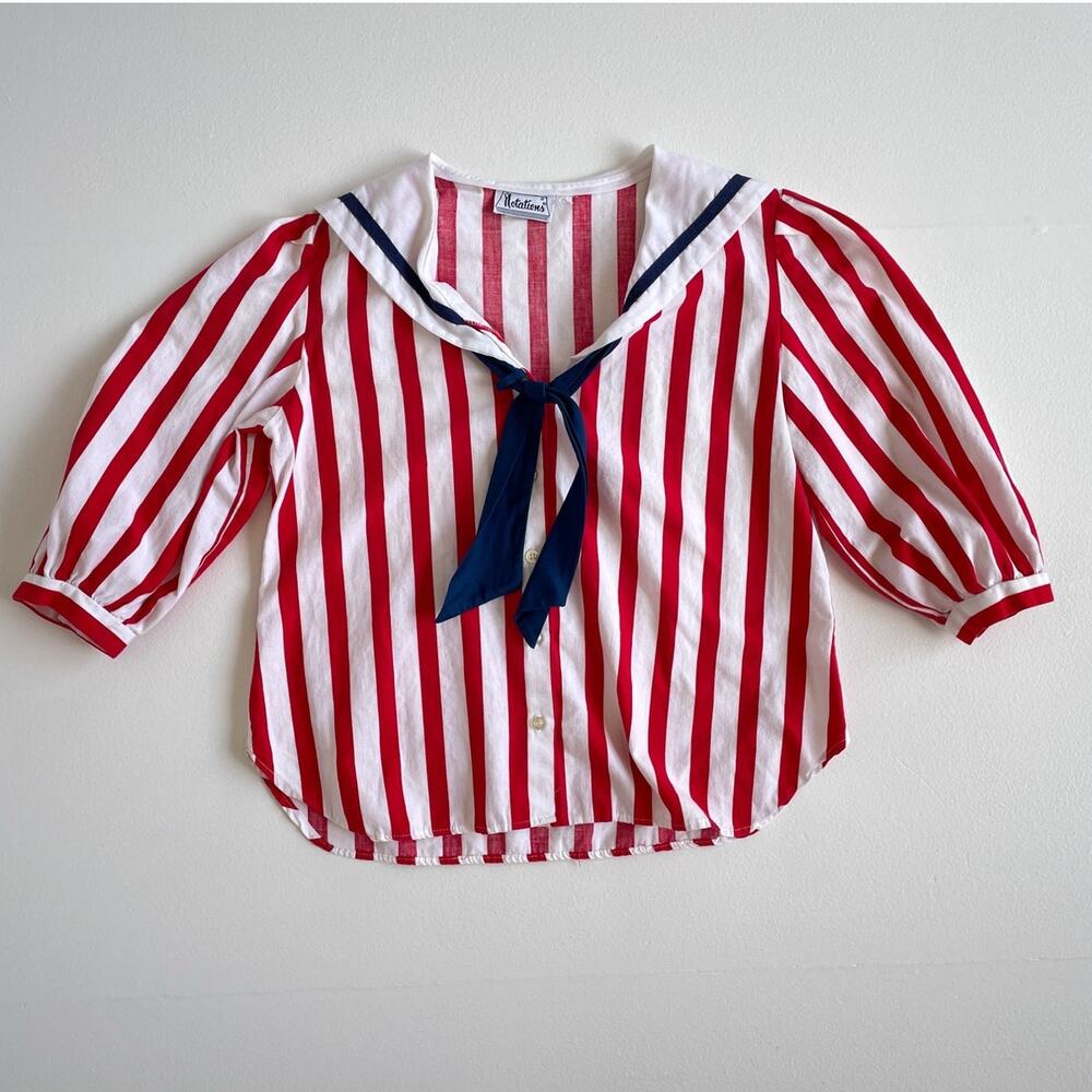 Vtg 80s Red Striped Sailor Bib Button Up Blouse / Puff Sleeve / Nautical Retro